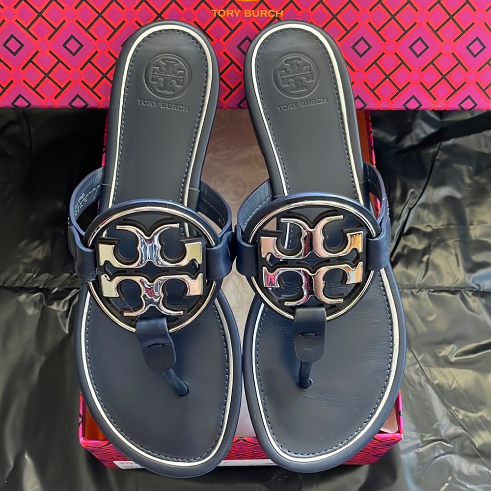 Tory Burch navy blue metal miller size 7